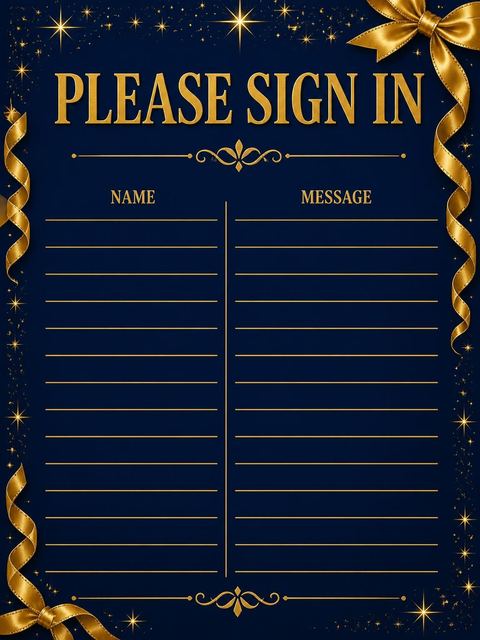 Guest sign-in sheet in the Navy and Gold Ribbon 20th Birthday design