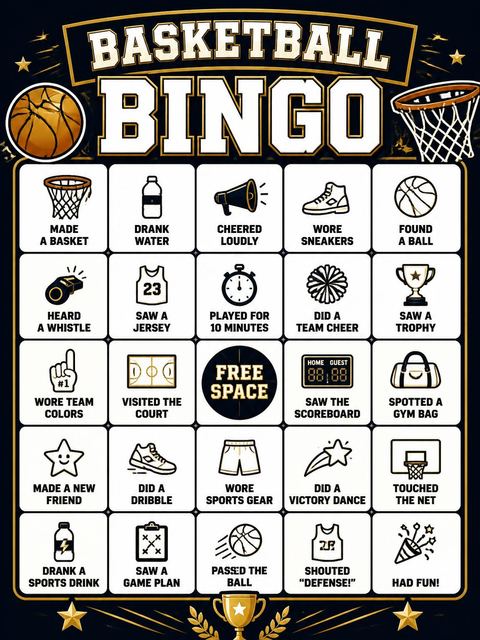 Bingo grid in the Championship Court Basketball Birthday Invitation design