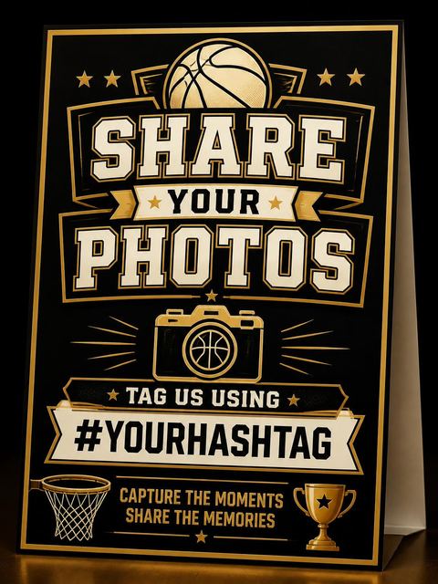 Hashtag card in the Championship Court Basketball Birthday Invitation design