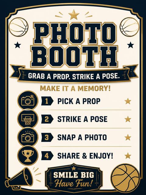Photo-booth sign in the Championship Court Basketball Birthday Invitation design