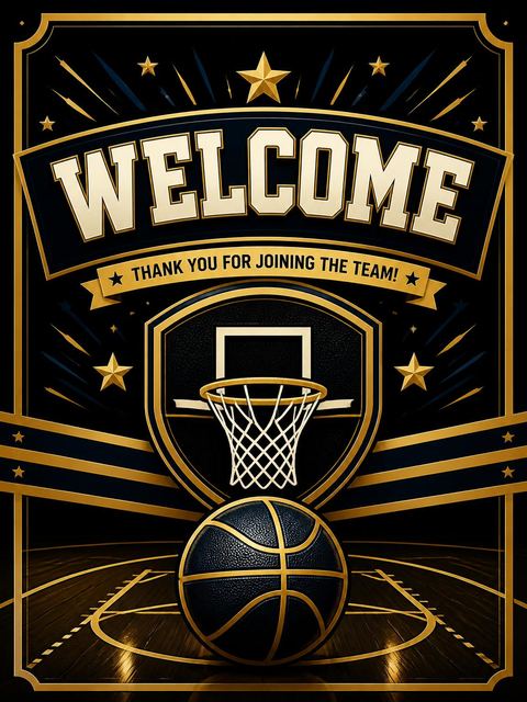 Welcome sign in the Championship Court Basketball Birthday Invitation design