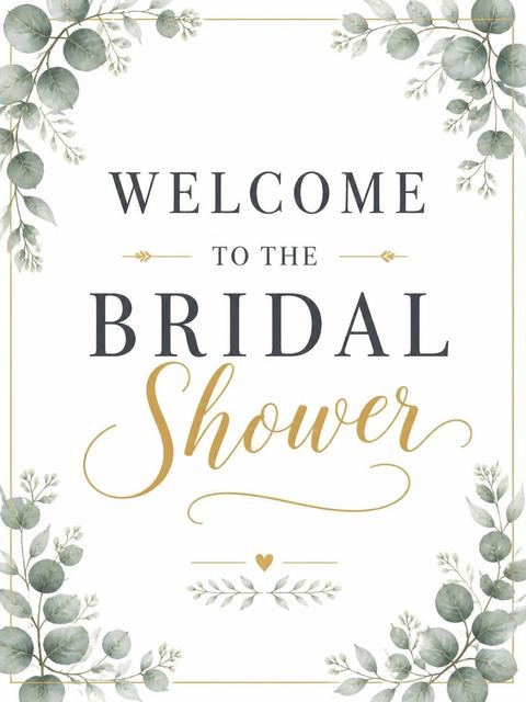 Welcome sign in the Watercolor Eucalyptus Gold Bridal Shower design
