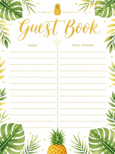 Guest sign-in sheet in the Watercolor Pineapple Tropical 4th Birthday Invitation design
