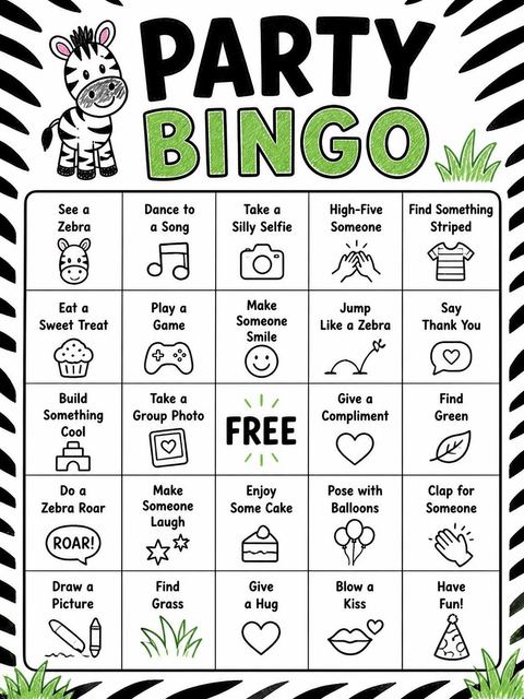 Bingo grid in the Crayon Zebra Motif 3rd Birthday design