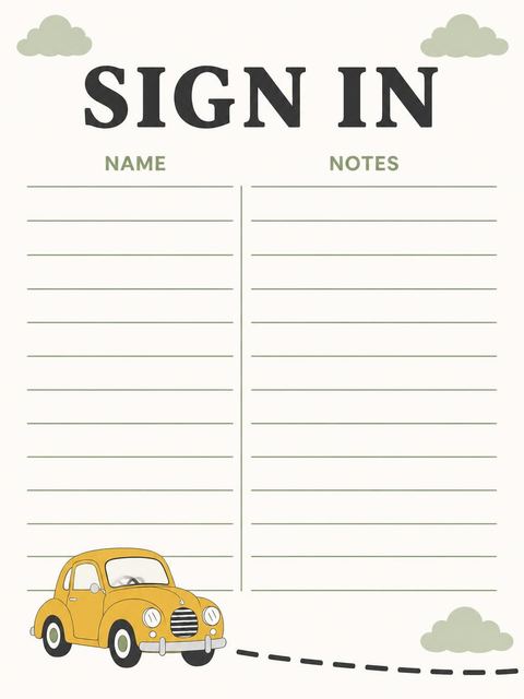 Guest sign-in sheet in the Retro Yellow Car First Birthday design