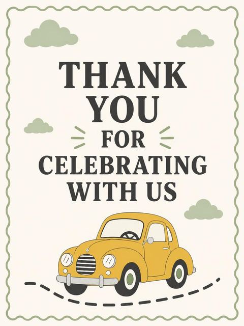 Thank-you flat in the Retro Yellow Car First Birthday design