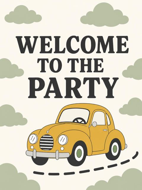 Welcome sign in the Retro Yellow Car First Birthday design