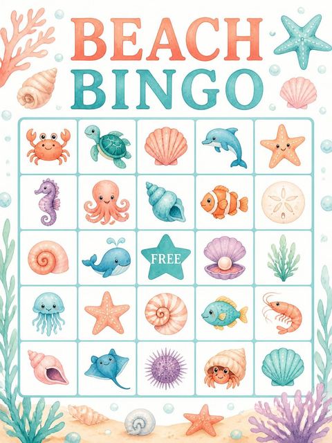 Bingo grid in the Watercolor Octopus Nautical 3rd Birthday design