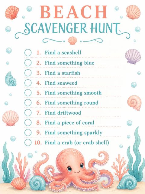 Scavenger hunt in the Watercolor Octopus Nautical 3rd Birthday design