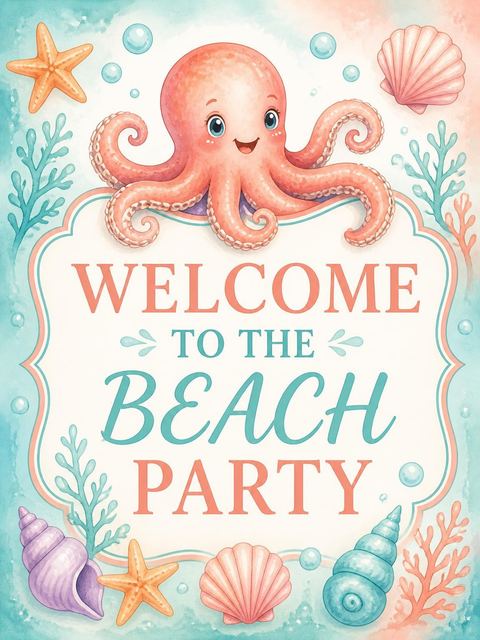 Welcome sign in the Watercolor Octopus Nautical 3rd Birthday design
