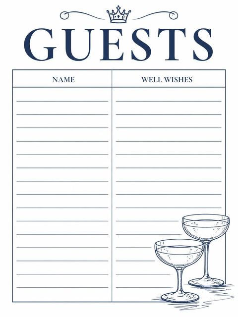 Guest sign-in sheet in the Navy Ink Champagne Birthday Invitation design