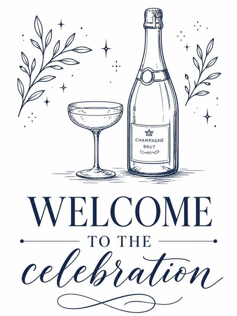 Welcome sign in the Navy Ink Champagne Birthday Invitation design