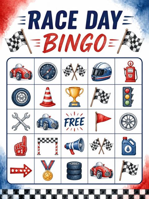 Bingo grid in the Red Watercolor Race Car 2nd Birthday design