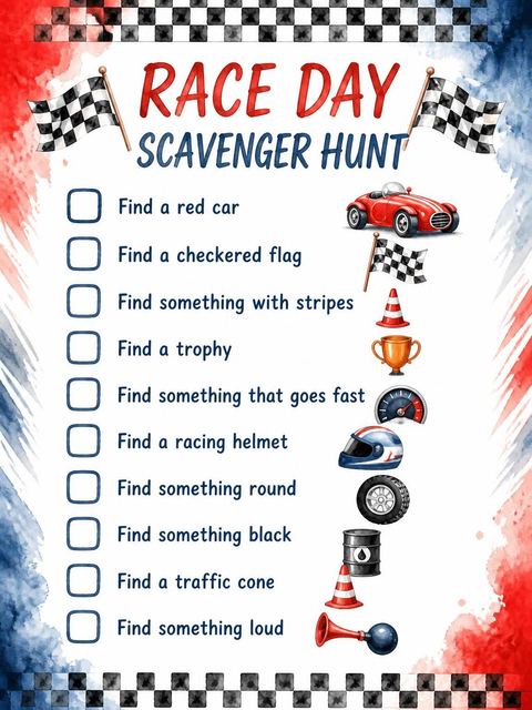 Scavenger hunt in the Red Watercolor Race Car 2nd Birthday design