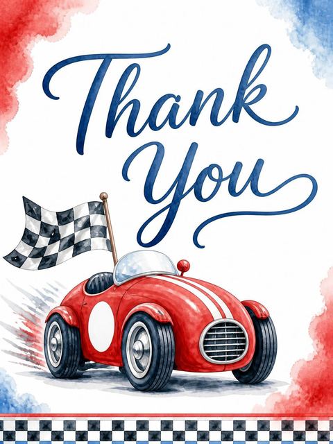 Thank-you flat in the Red Watercolor Race Car 2nd Birthday design