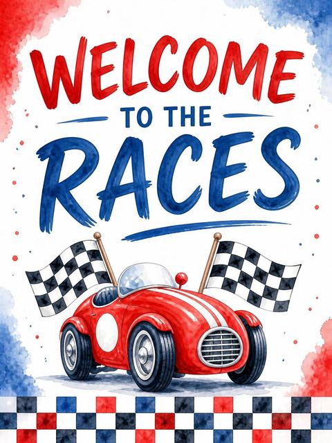 Welcome sign in the Red Watercolor Race Car 2nd Birthday design