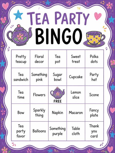 Bingo grid in the Purple Crayon Sketch Tea 3rd Birthday design
