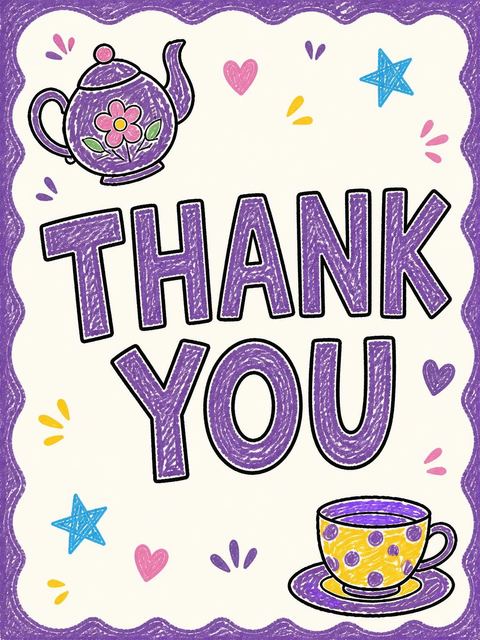 Thank-you flat in the Purple Crayon Sketch Tea 3rd Birthday design