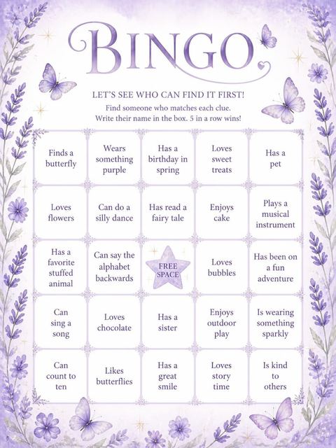 Bingo grid in the Lavender Butterfly Fairy 3rd Birthday design
