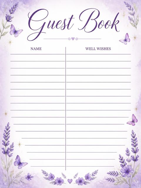 Guest sign-in sheet in the Lavender Butterfly Fairy 3rd Birthday design