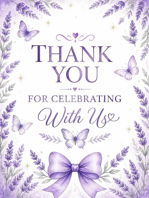 Thank-you flat in the Lavender Butterfly Fairy 3rd Birthday design