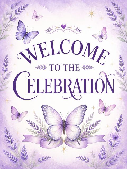Welcome sign in the Lavender Butterfly Fairy 3rd Birthday design