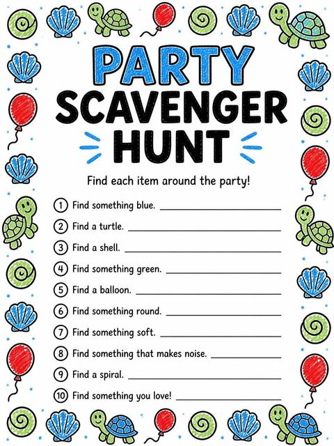 Scavenger hunt in the Crayon Sea Turtle 4th Birthday design