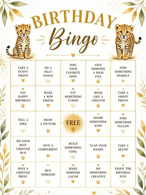 Bingo grid in the Gold Cheetah Watercolor 6th Birthday Invitation design