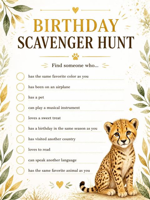 Scavenger hunt in the Gold Cheetah Watercolor 6th Birthday Invitation design