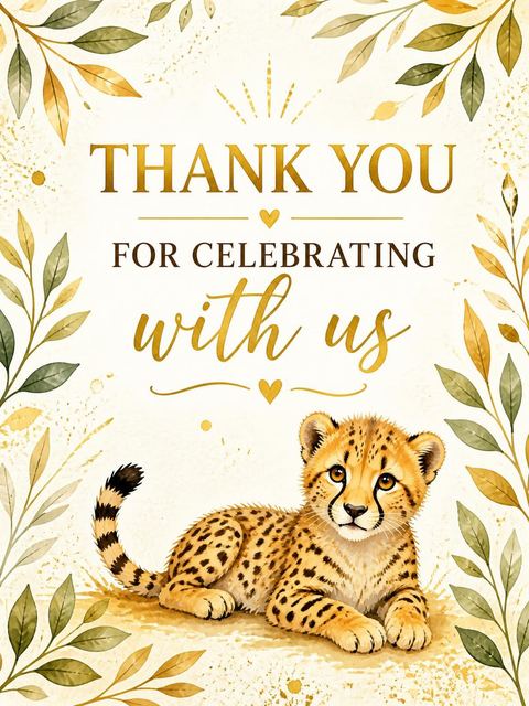Thank-you flat in the Gold Cheetah Watercolor 6th Birthday Invitation design