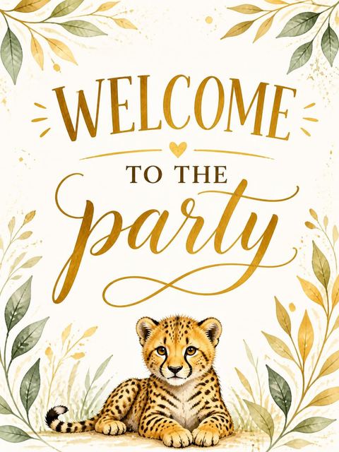 Welcome sign in the Gold Cheetah Watercolor 6th Birthday Invitation design