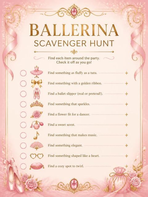 Scavenger hunt in the Pink Ballerina Music Box 5th Birthday design