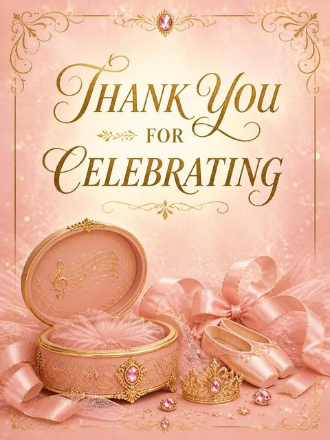 Thank-you flat in the Pink Ballerina Music Box 5th Birthday design