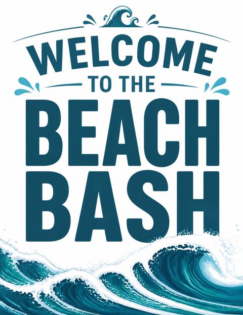 Welcome sign in the Teal Wave Beach Party Invitation design