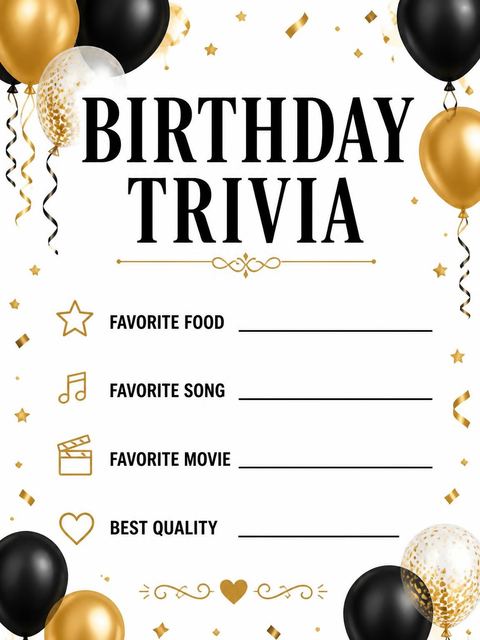 Couples trivia card in the Gold Balloon Black-Tie 25th Birthday design