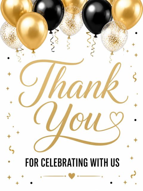 Thank-you flat in the Gold Balloon Black-Tie 25th Birthday design