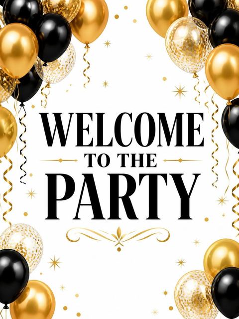 Welcome sign in the Gold Balloon Black-Tie 25th Birthday design