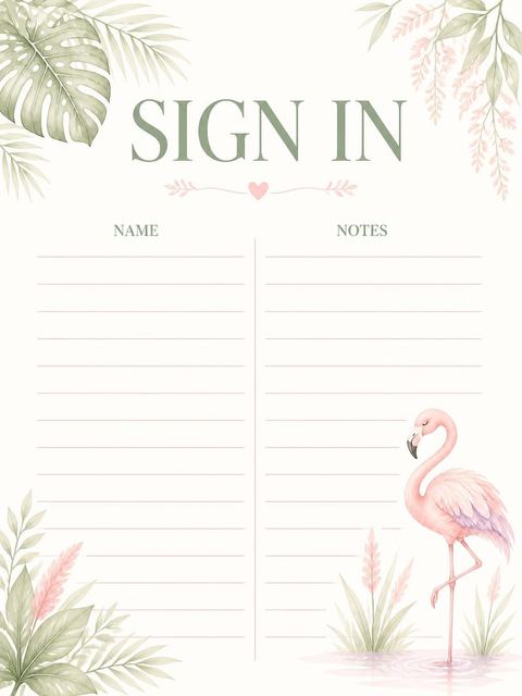 Guest sign-in sheet in the Blush Flamingo Tropical Baby Shower design