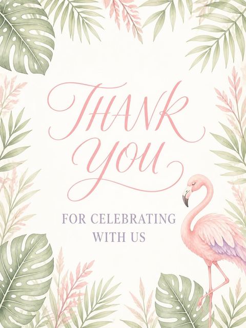 Thank-you flat in the Blush Flamingo Tropical Baby Shower design