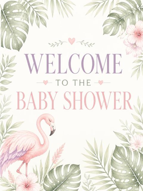 Welcome sign in the Blush Flamingo Tropical Baby Shower design