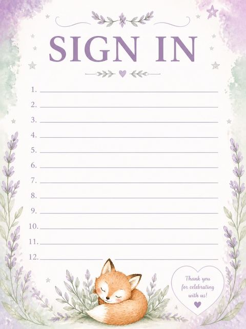 Guest sign-in sheet in the Watercolor Sleeping Fox First Birthday design