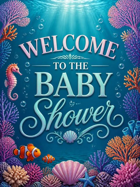 Welcome sign in the Deep Sea Mermaid Baby Shower design