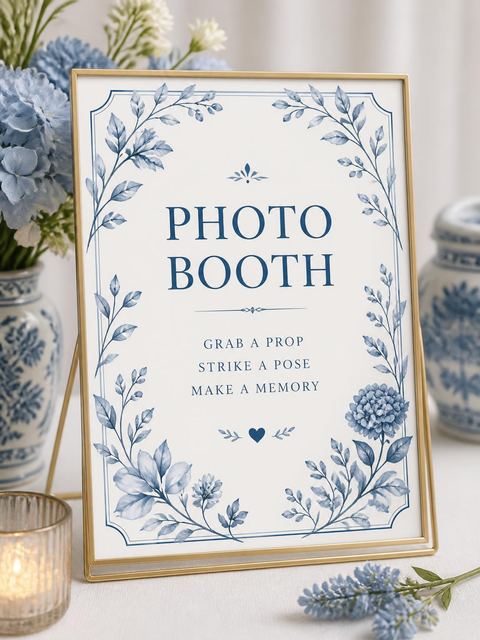 Photo-booth sign in the Ethereal Blue Botanical Wedding Invitation design