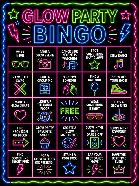 Bingo grid in the Electric Neon 15th Birthday Party design