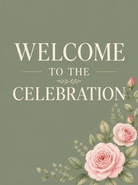 Welcome sign in the Sage Green Rose 50th Birthday design