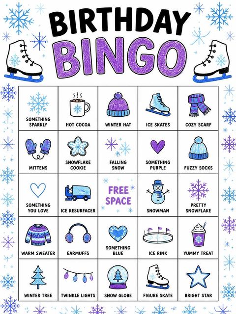 Bingo grid in the Purple Crayon Ice Skate 8th Birthday design