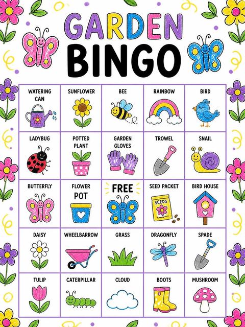 Bingo grid in the Crayon Butterfly Flower 2nd Birthday design