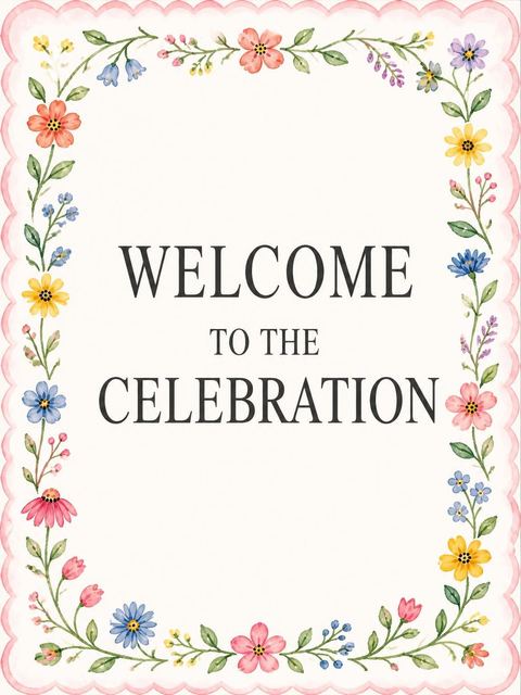 Welcome sign in the Watercolor Floral Scalloped 1st Birthday design