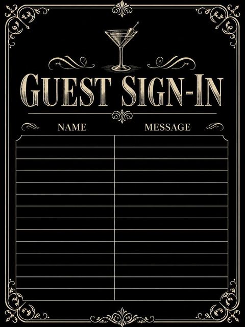 Guest sign-in sheet in the Chalkboard Martini 30th Birthday Invitation design