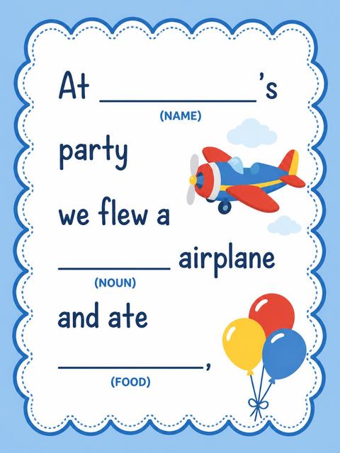 Mad libs in the Soaring Airplane Birthday Party design